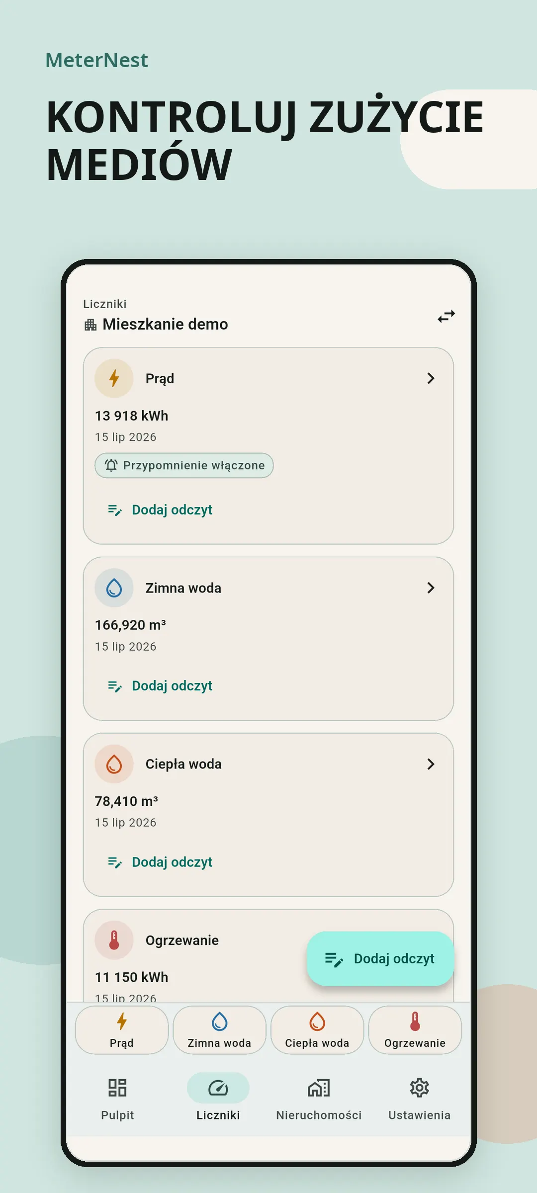 Lista liczników MeterNest z licznikami prądu, wody i ogrzewania