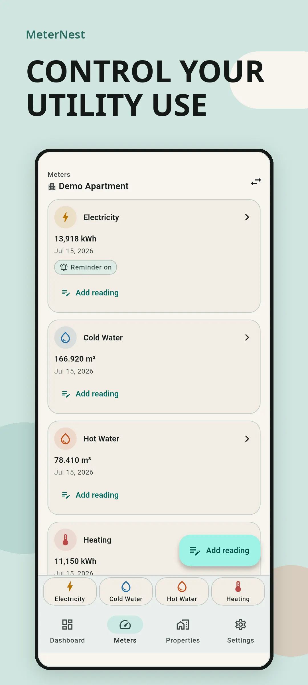 MeterNest meter list with electricity, water, and heating meters