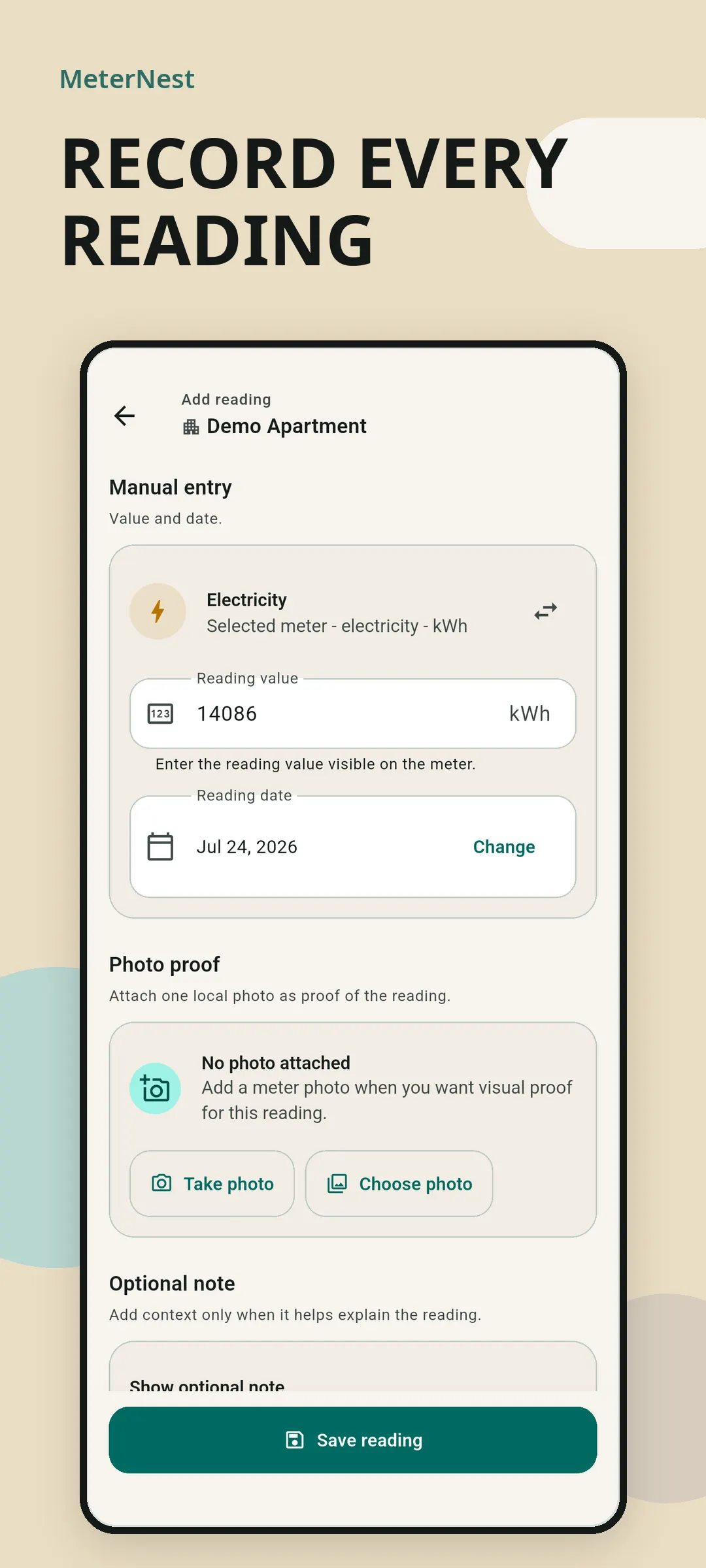 MeterNest form for manually recording a new electricity reading