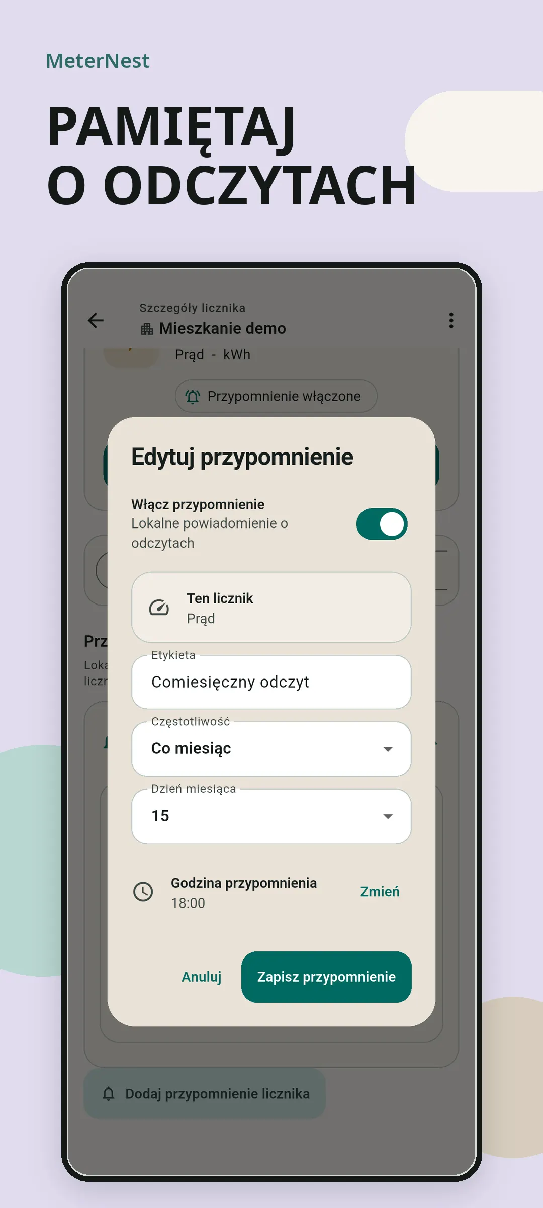 Okno MeterNest z miesięcznym lokalnym przypomnieniem o odczycie