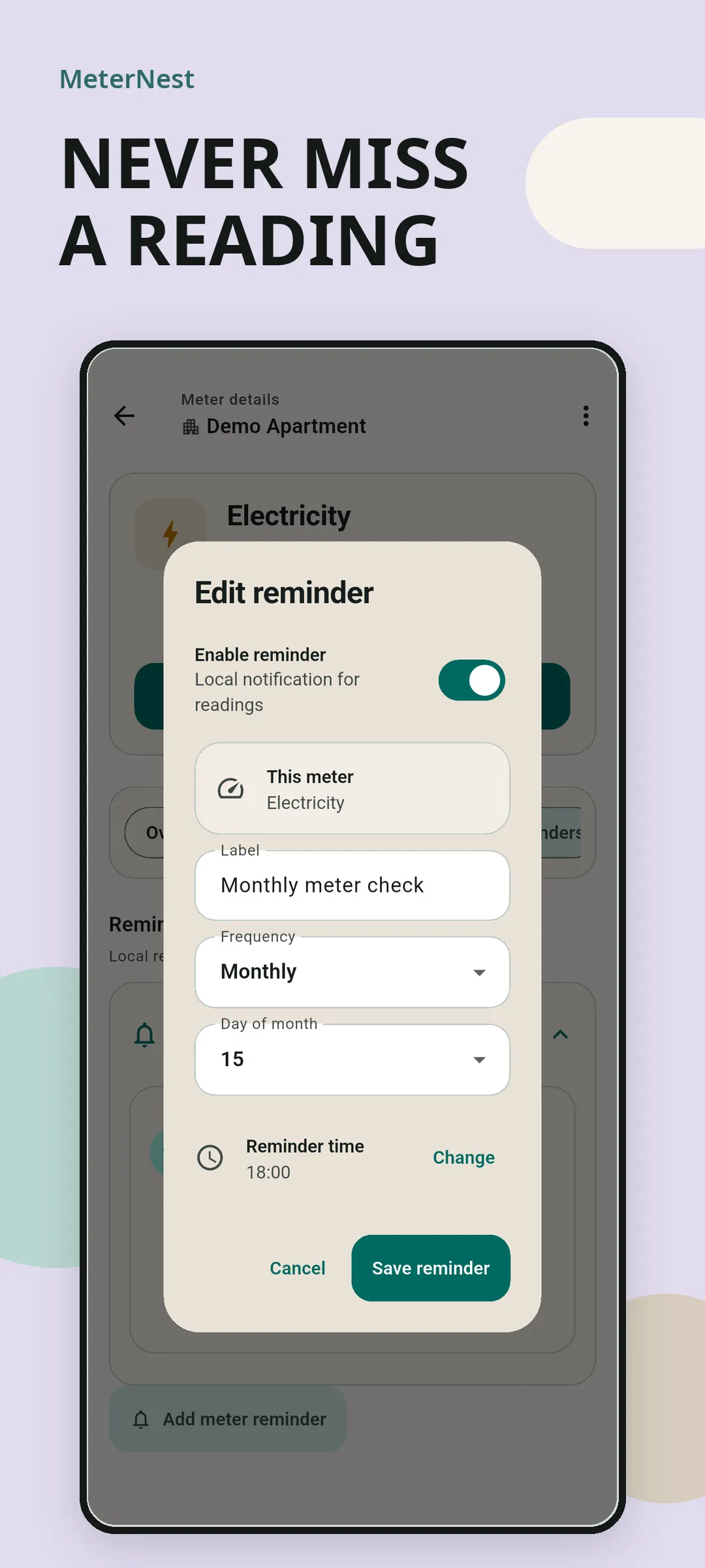 MeterNest dialog for a monthly local reading reminder