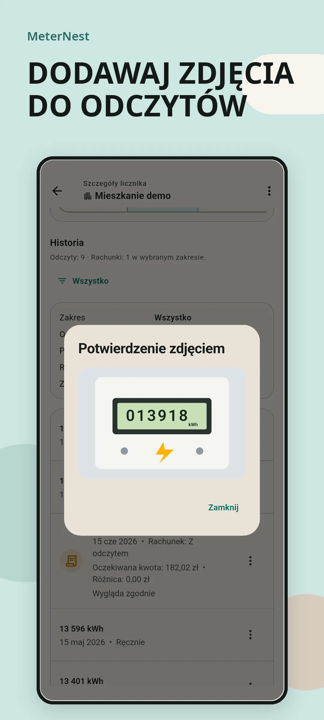Historia odczytów MeterNest z podglądem dołączonego zdjęcia