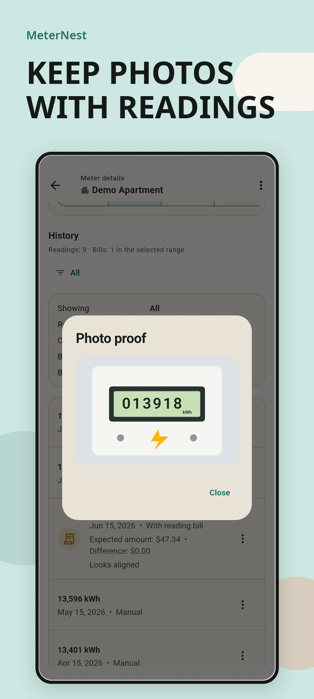 MeterNest reading history with an attached photo preview