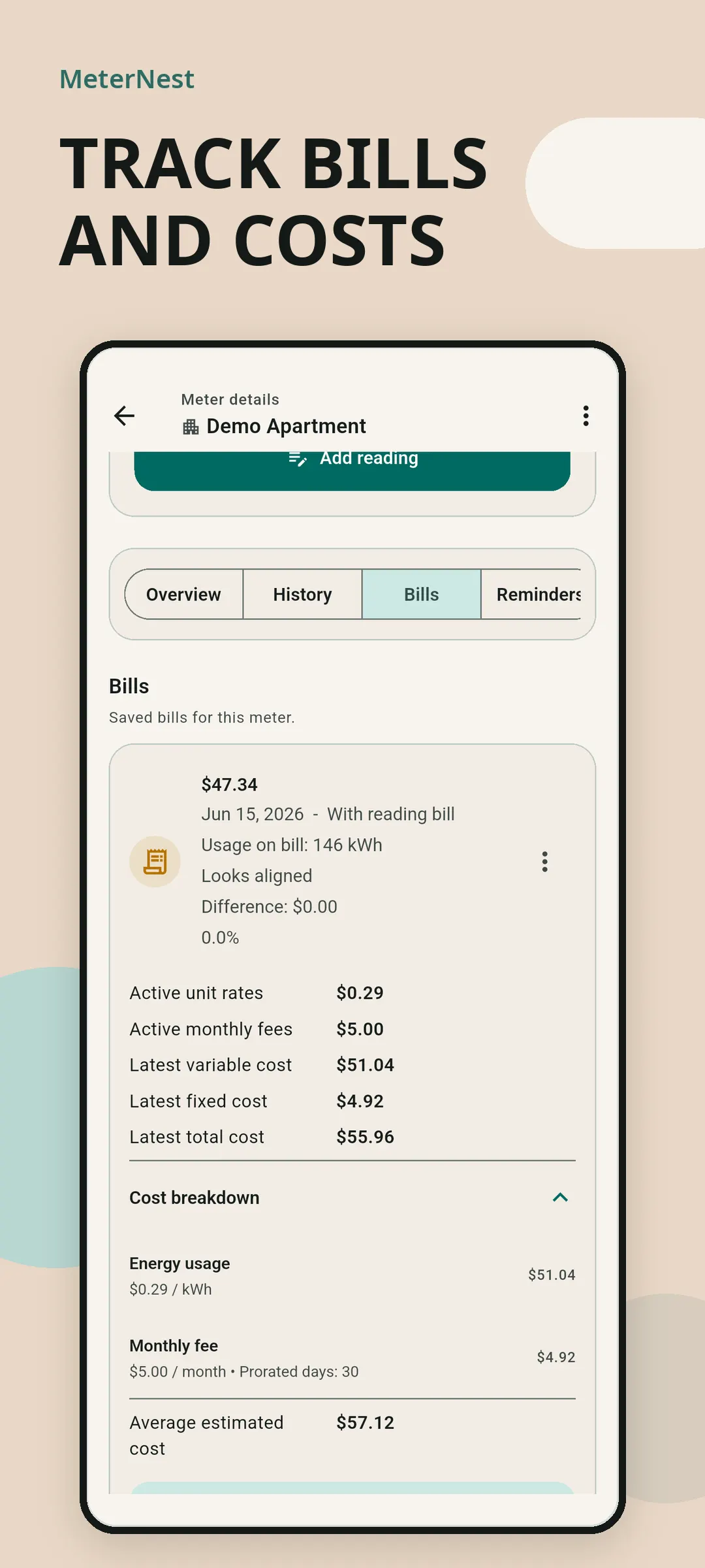 MeterNest bill view with rates, fees, and cost breakdown